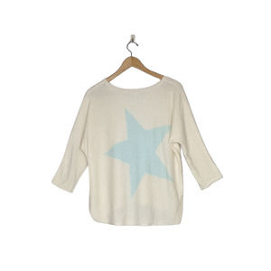360 Cashmere Cream/ Light Blue Star 3/4 Sleeve Boat Neck Sweater - Size S